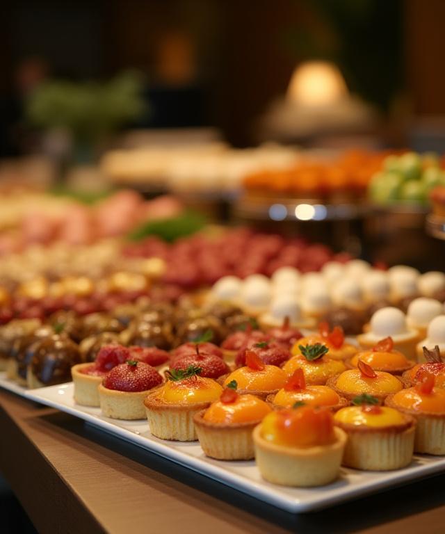 A beautifully arranged catering table with mini pastries, sandwiches, and tarts.