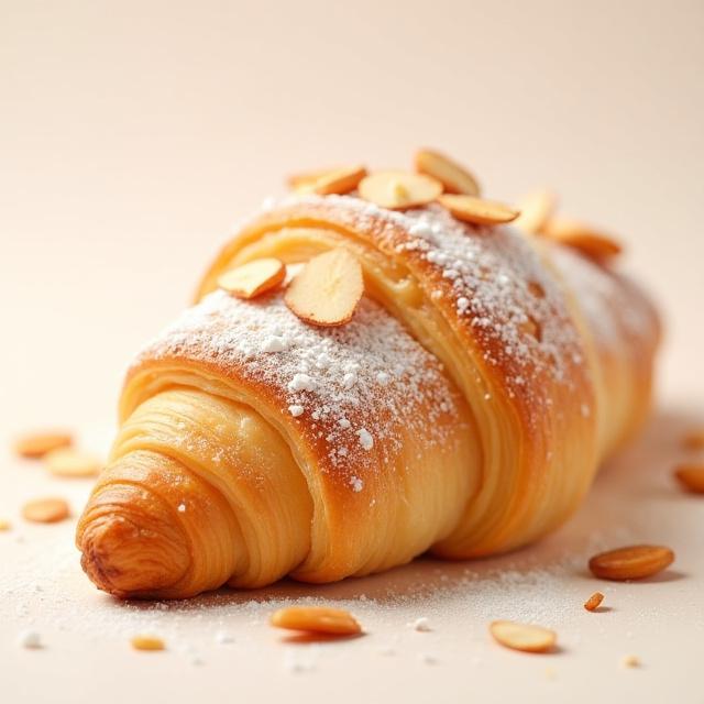 A golden almond croissant topped with powdered sugar.