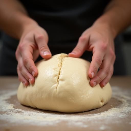 A baker's hands gently folding a large piece of dough.