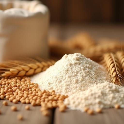 A close-up of whole wheat grains and a bag of artisan flour.