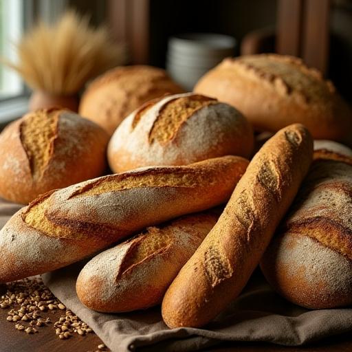 A rustic display of assorted artisanal breads.